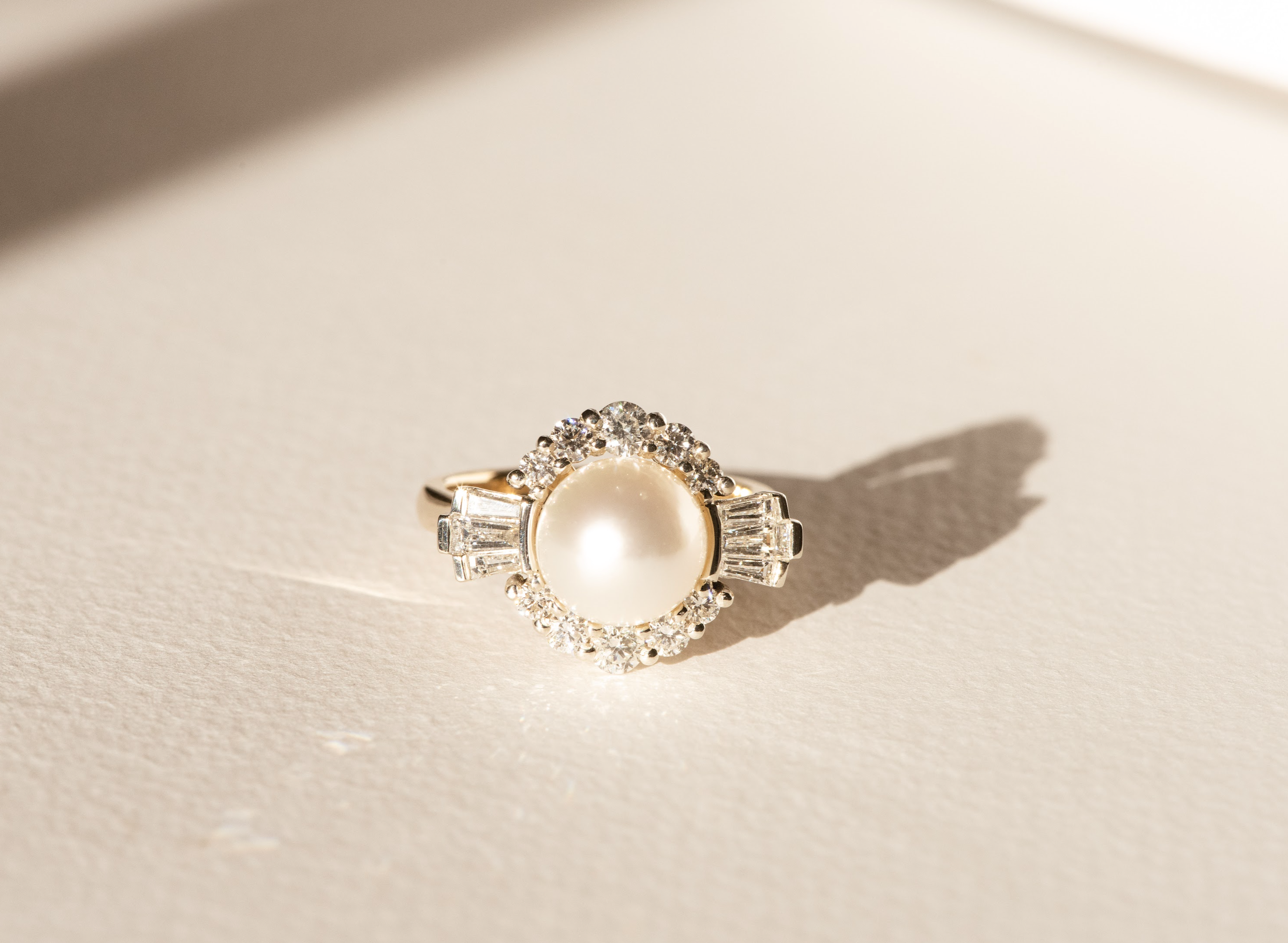 Pearl & Diamond Dress Ring - Bespoke Design - Dean & Dust - Fresh water Pearl - Round & Baguette Diamond Halo
