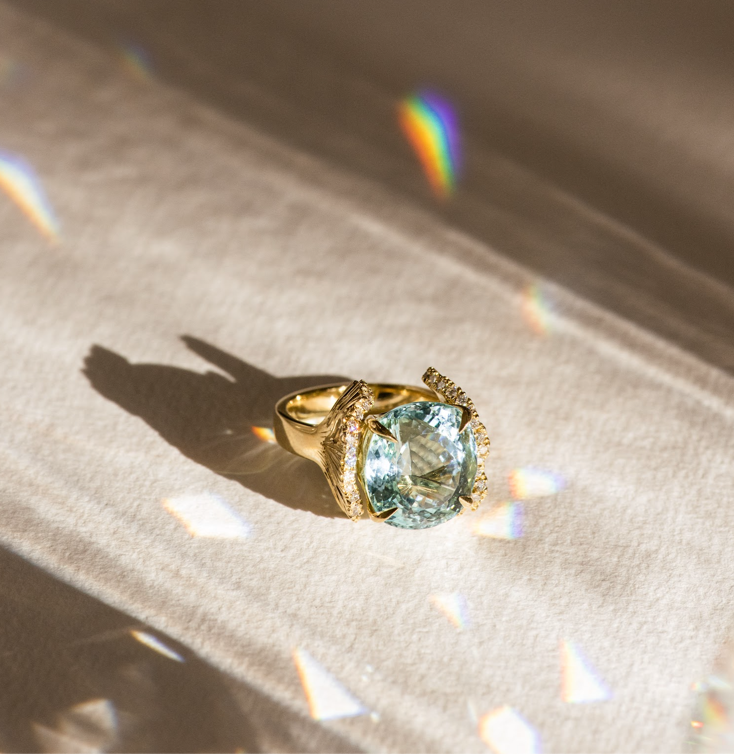 Aquamarine & Diamond Dress Ring - Bespoke Design - Dean & Dust - Four Claw - Cushion Stone - Art Deco Design