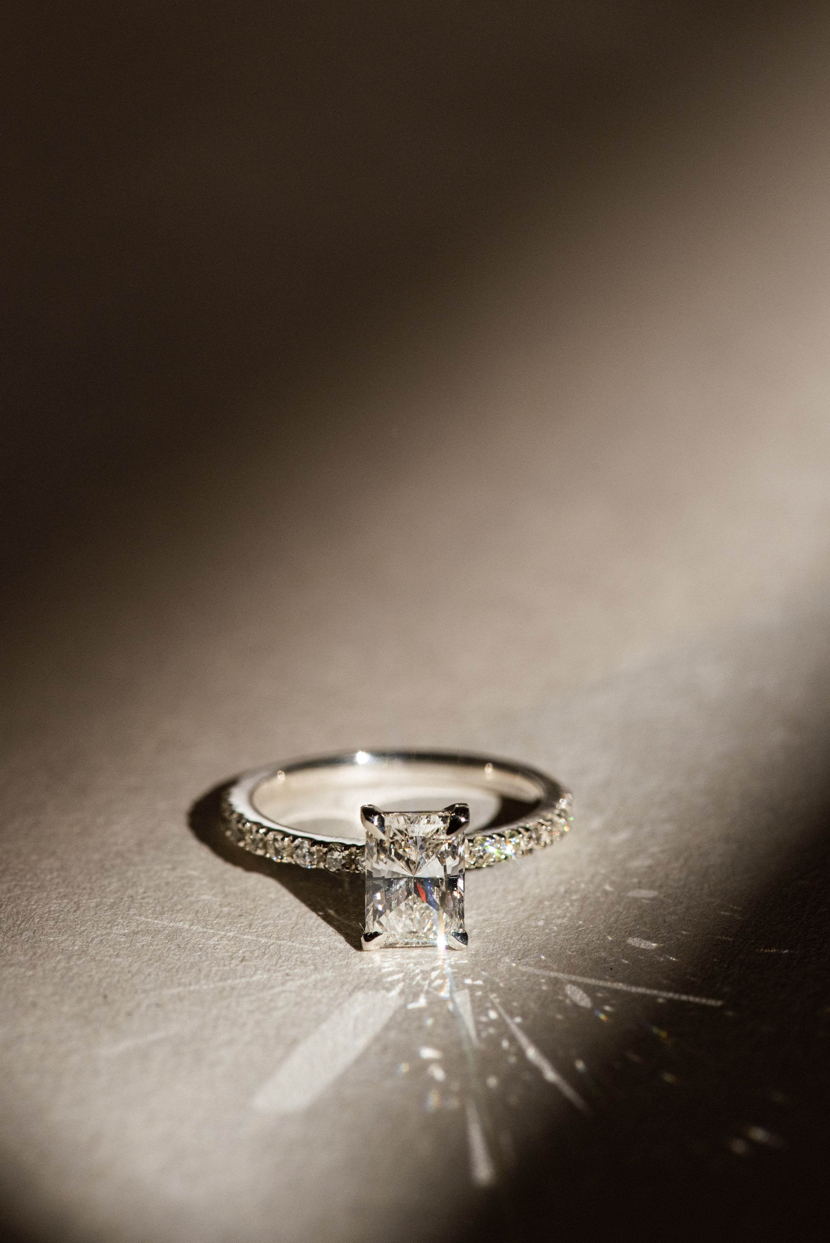 Dean & Dust - Bespoke Design - Radiant Diamond Solitaire Engagement Ring with Diamond Band