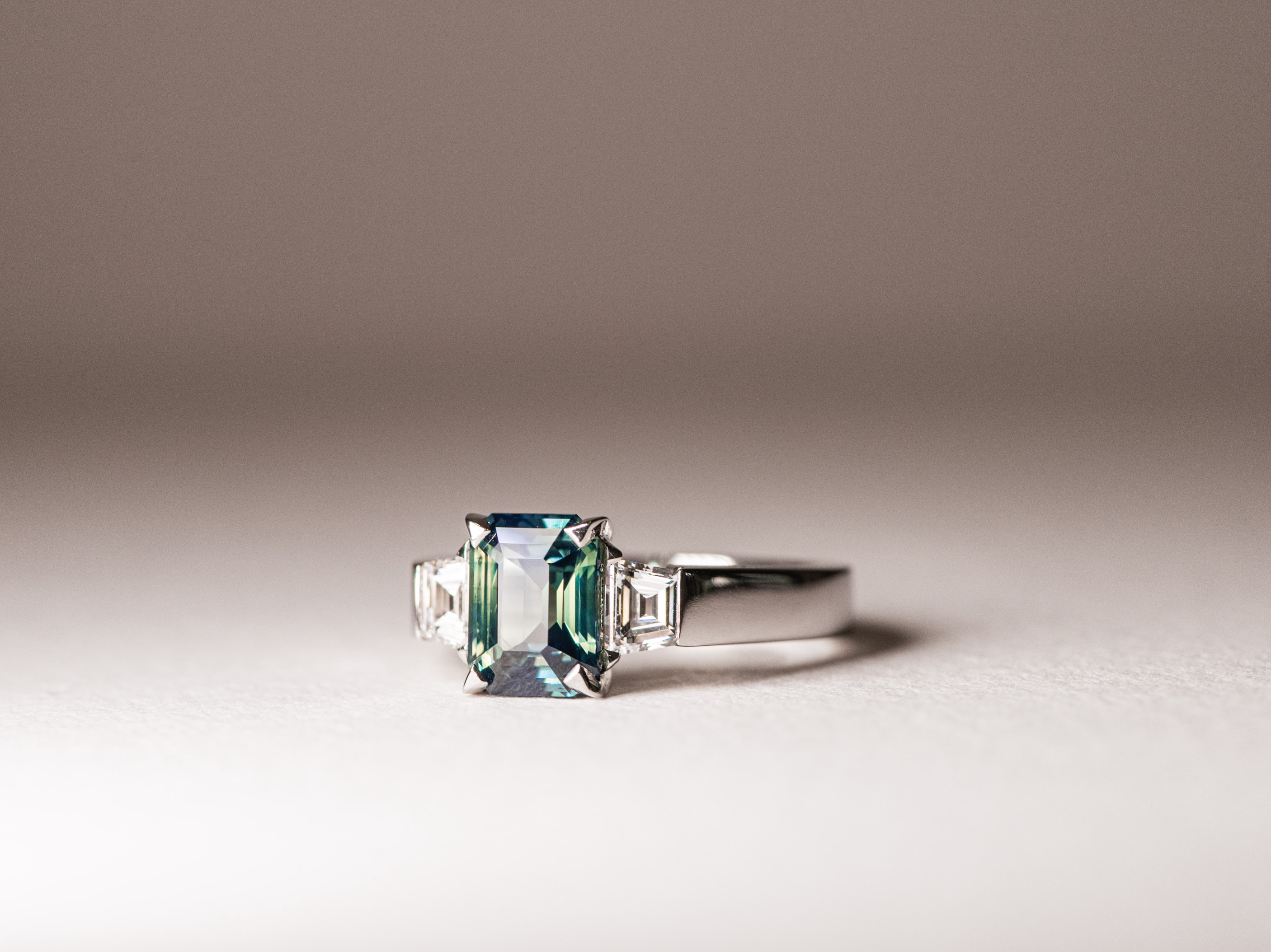 Teal Sapphire and Diamond Three stone engagement ring in Platinum - Dean & Dust - Bespoke Design