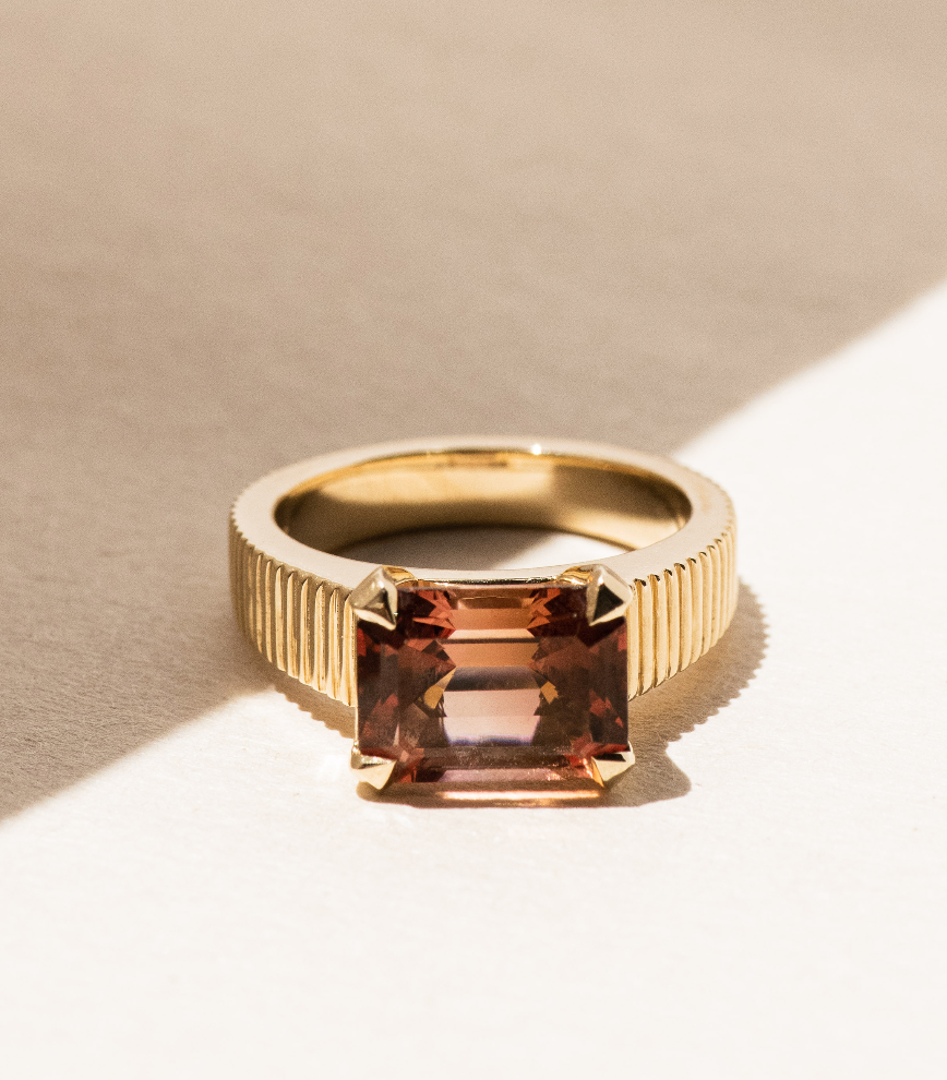 Solitaire Peach Tourmaline Engagement Ring - Bespoke Design - Dean & Dust - Four Claw - Fluted Gold Band